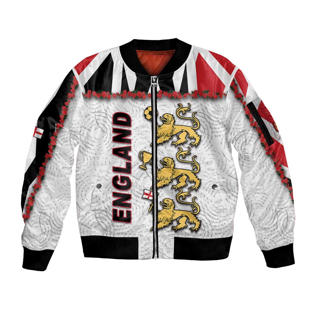 Custom England Football Sleeve Zip Bomber Jacket Gold Lions And Minimalist Floral