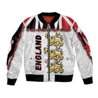 Custom England Football Sleeve Zip Bomber Jacket Gold Lions And Minimalist Floral