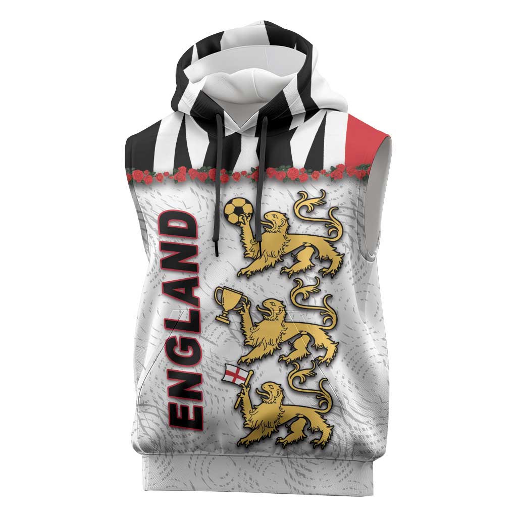 Custom England Football Sleeveless Hoodie Gold Lions And Minimalist Floral