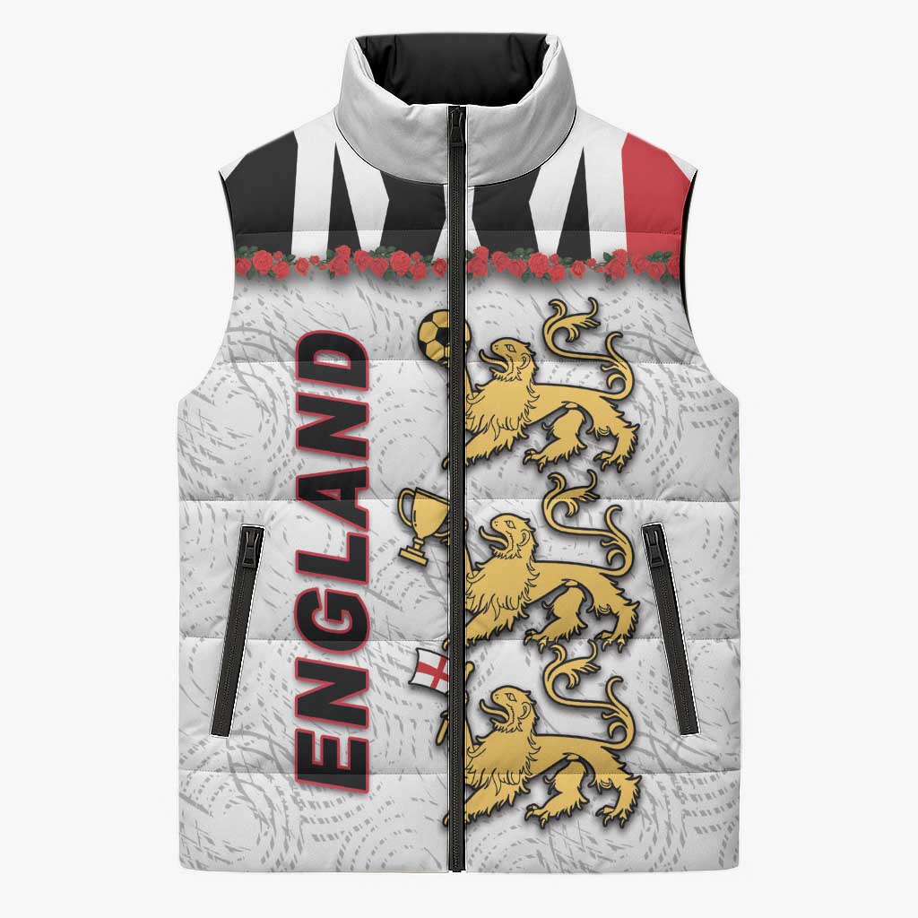 Custom England Football Sleeveless Puffer Jacket Gold Lions And Minimalist Floral
