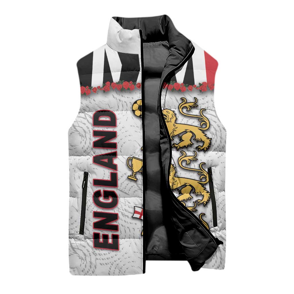 Custom England Football Sleeveless Puffer Jacket Gold Lions And Minimalist Floral