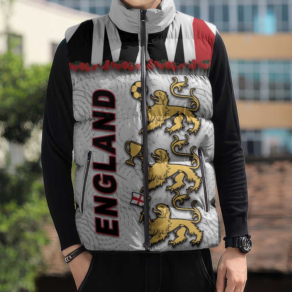 Custom England Football Sleeveless Puffer Jacket Gold Lions And Minimalist Floral