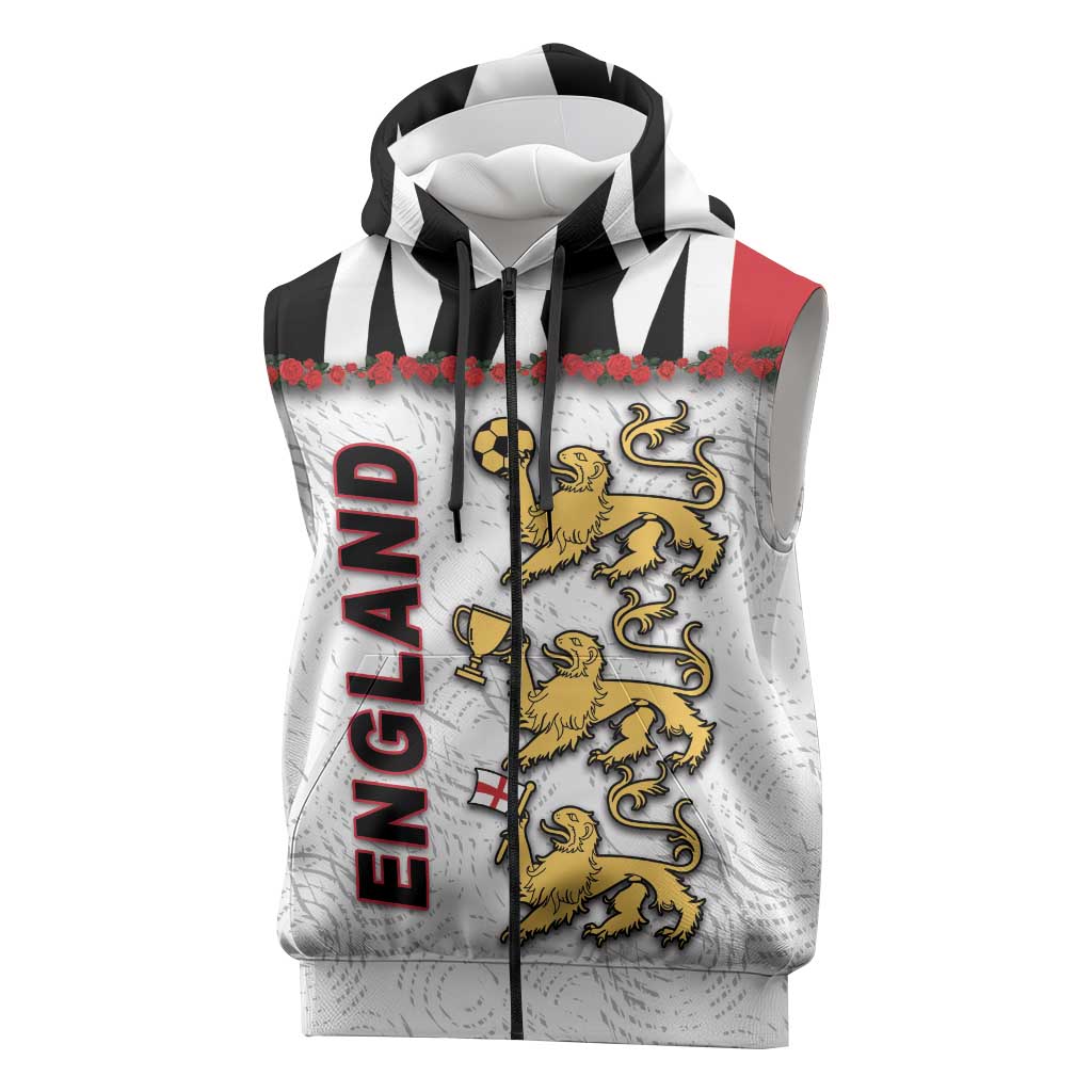 Custom England Football Sleeveless Zip Hoodie Gold Lions And Minimalist Floral