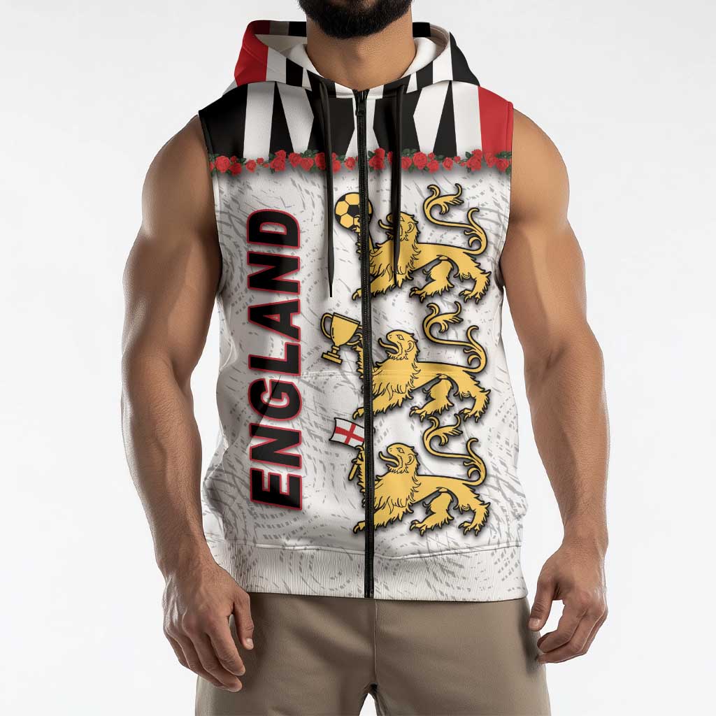 Custom England Football Sleeveless Zip Hoodie Gold Lions And Minimalist Floral