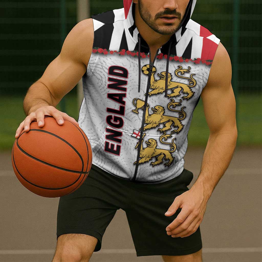 Custom England Football Sleeveless Zip Hoodie Gold Lions And Minimalist Floral