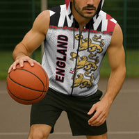 Custom England Football Sleeveless Zip Hoodie Gold Lions And Minimalist Floral