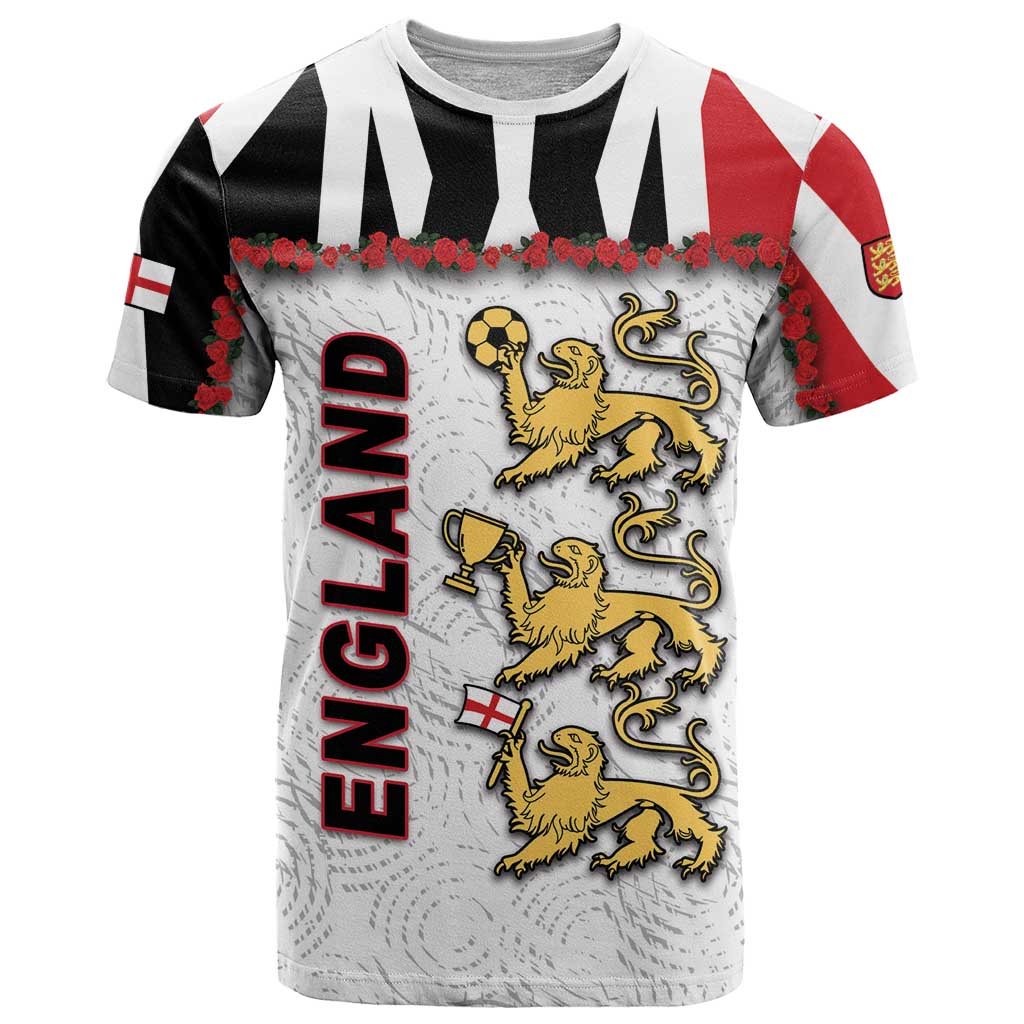 Custom England Football T Shirt Gold Lions And Minimalist Floral