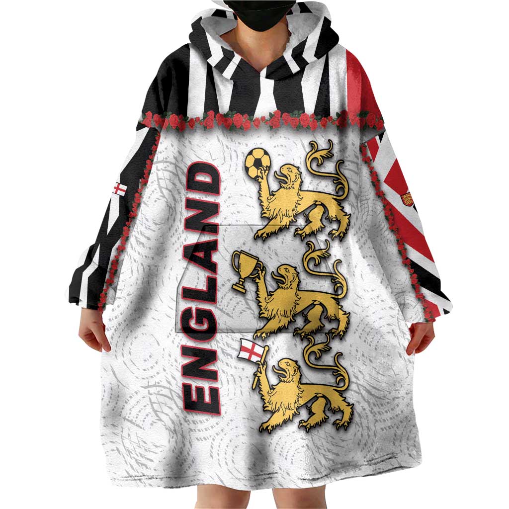 Custom England Football Wearable Blanket Hoodie Gold Lions And Minimalist Floral