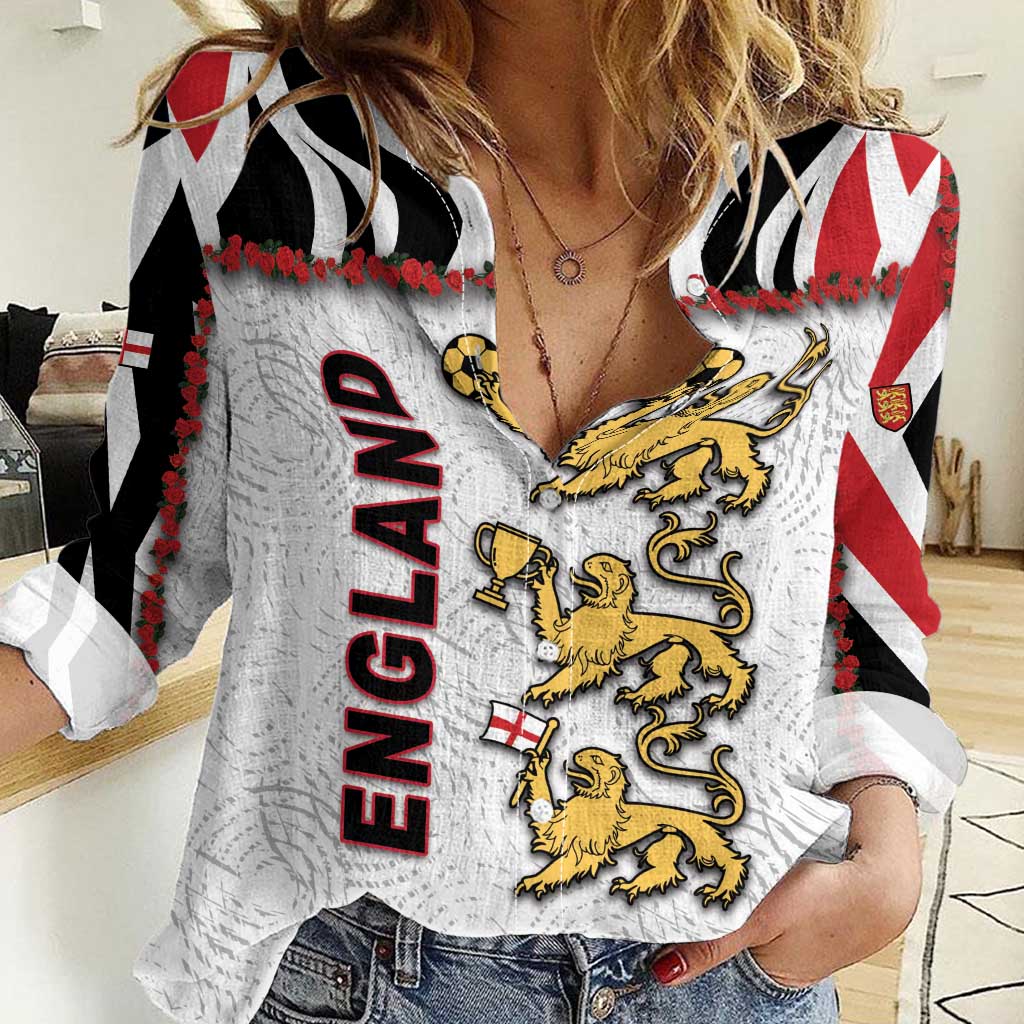 Custom England Football Women Casual Shirt Gold Lions And Minimalist Floral