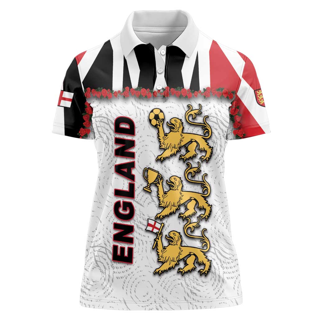 Custom England Football Women Polo Shirt Gold Lions And Minimalist Floral