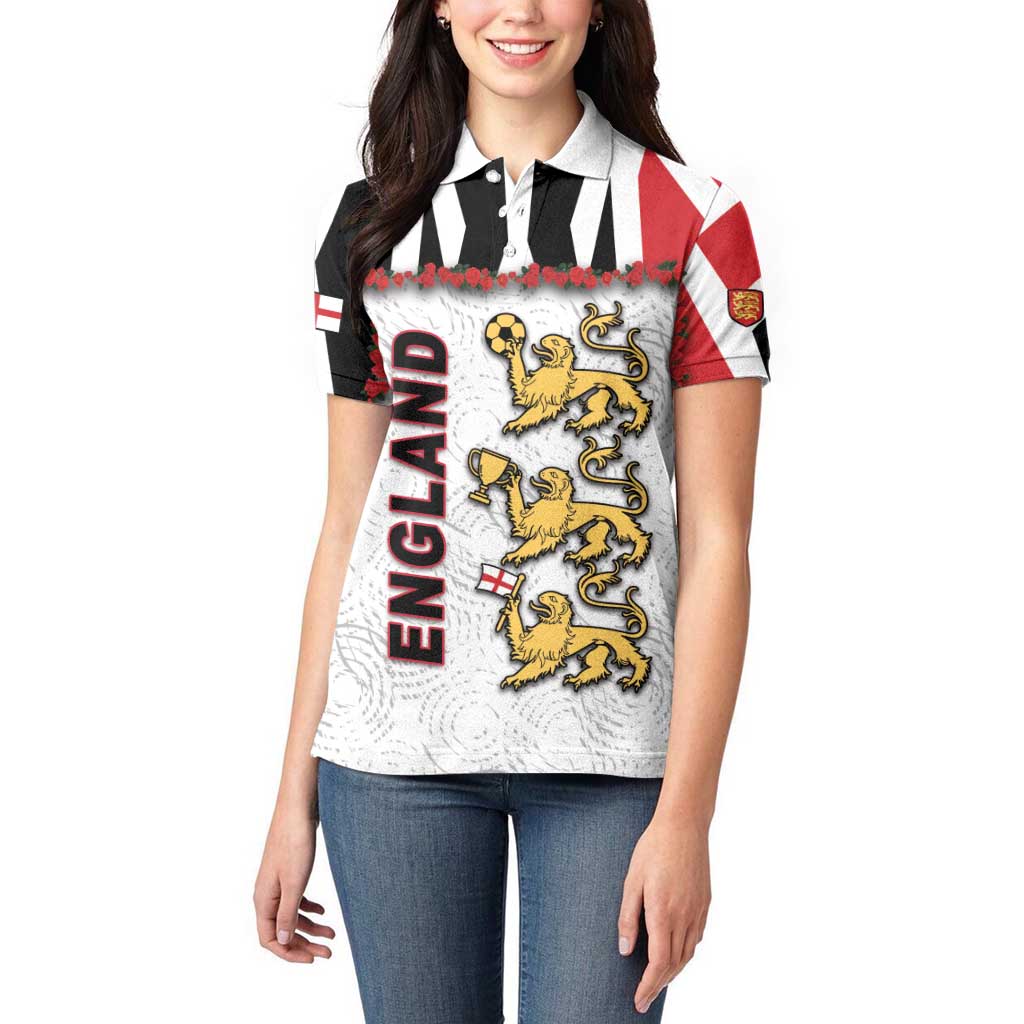Custom England Football Women Polo Shirt Gold Lions And Minimalist Floral