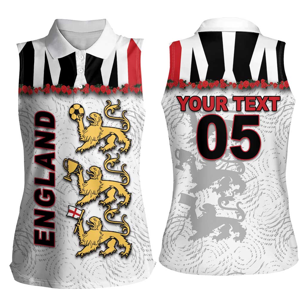 Custom England Football Women Sleeveless Polo Shirt Gold Lions And Minimalist Floral