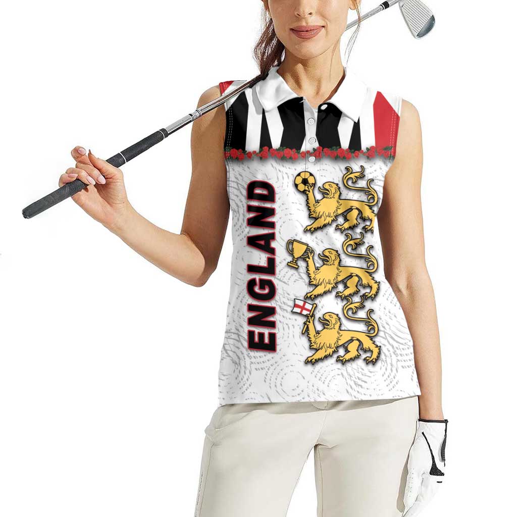Custom England Football Women Sleeveless Polo Shirt Gold Lions And Minimalist Floral