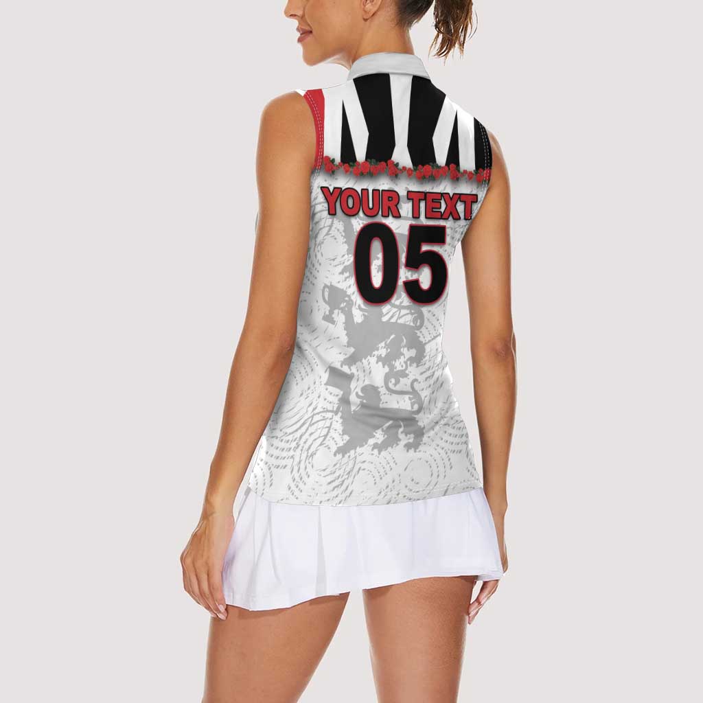 Custom England Football Women Sleeveless Polo Shirt Gold Lions And Minimalist Floral