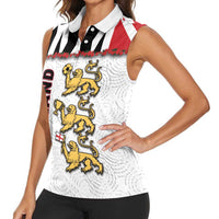 Custom England Football Women Sleeveless Polo Shirt Gold Lions And Minimalist Floral