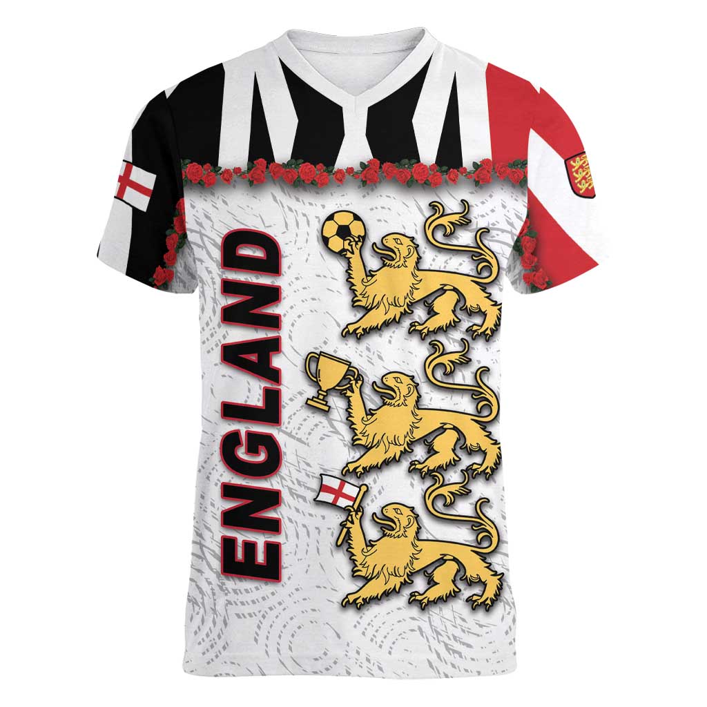 Custom England Football Women V-Neck T-Shirt Gold Lions And Minimalist Floral