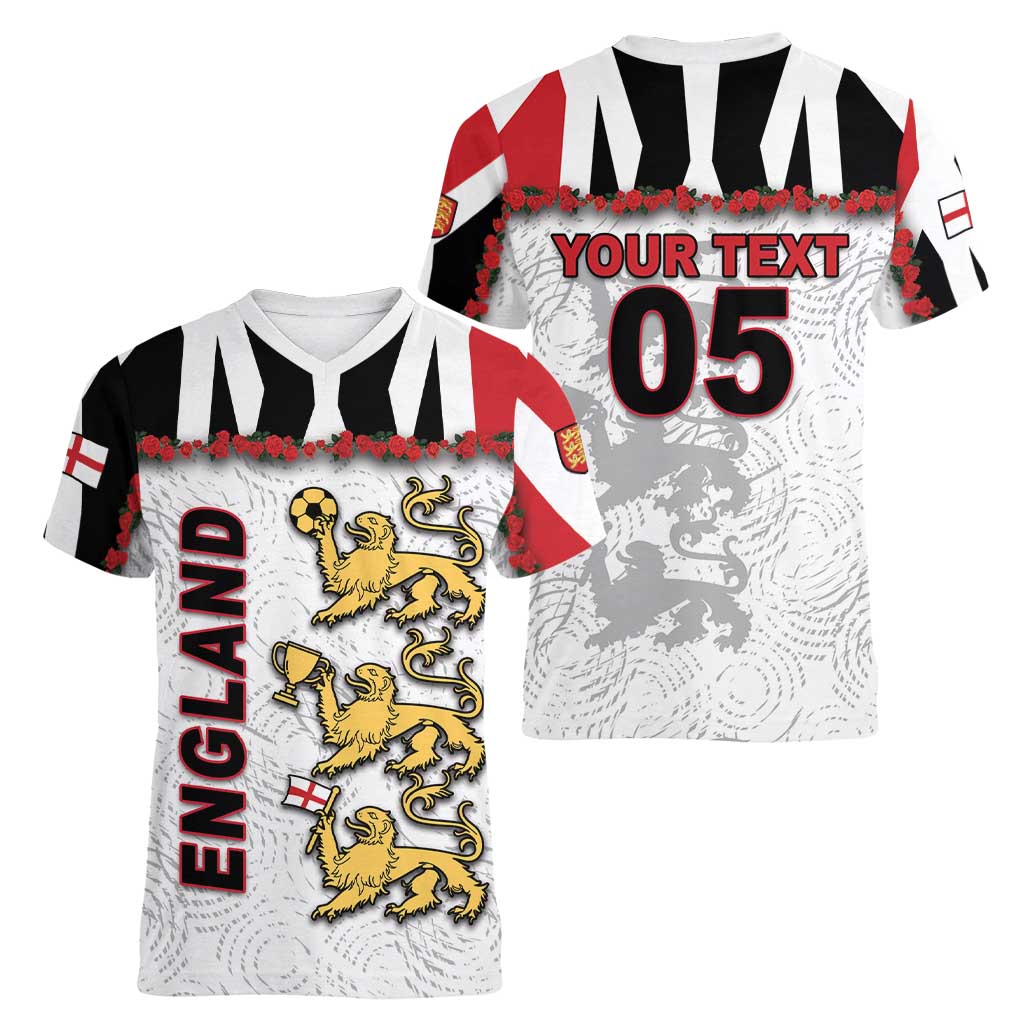 Custom England Football Women V-Neck T-Shirt Gold Lions And Minimalist Floral