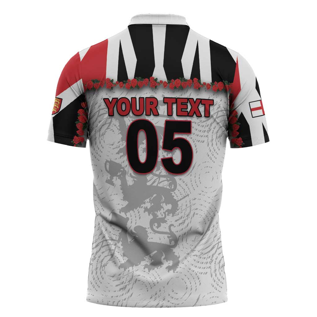 Custom England Football Zipper Polo Shirt Gold Lions And Minimalist Floral