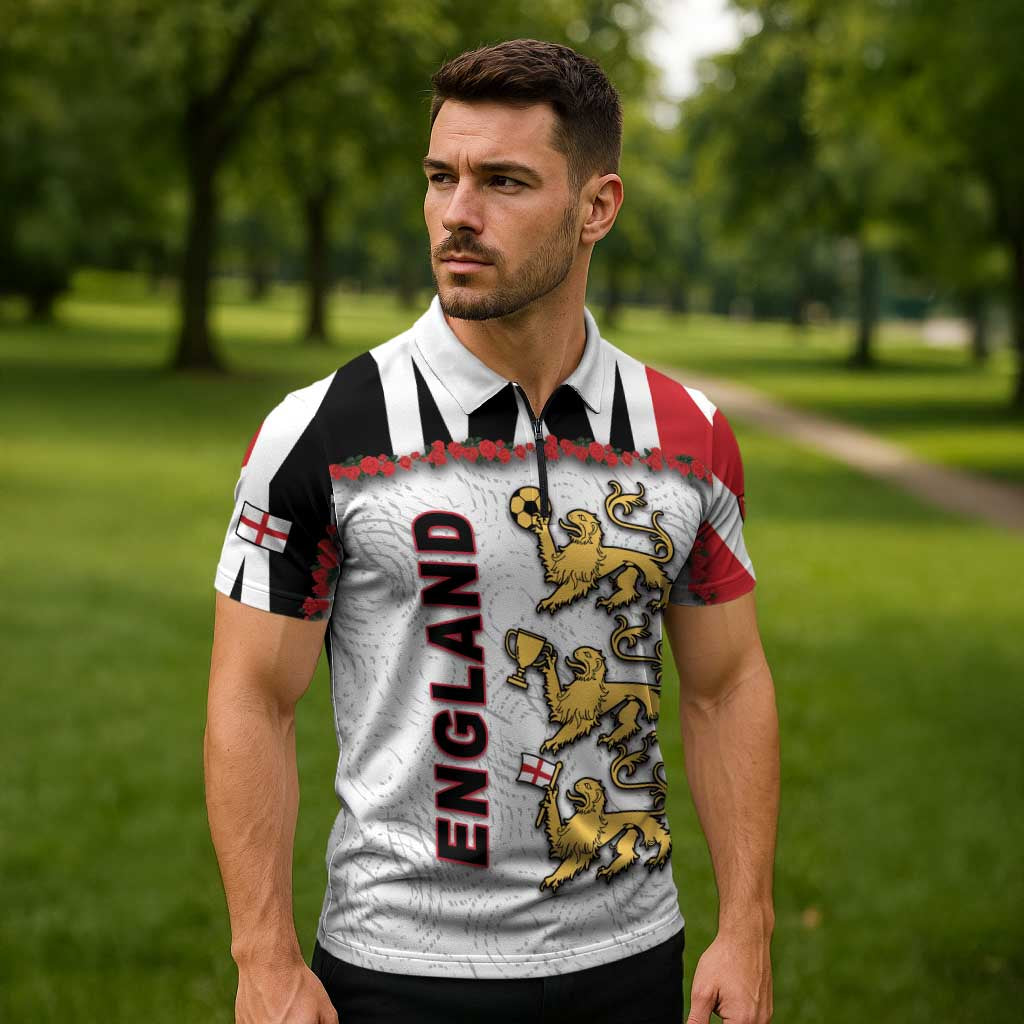 Custom England Football Zipper Polo Shirt Gold Lions And Minimalist Floral