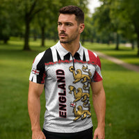 Custom England Football Zipper Polo Shirt Gold Lions And Minimalist Floral