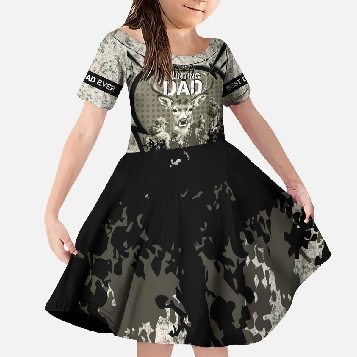 Deer Hunting Fathers Day Family Matching Off The Shoulder Long Sleeve Dress and Hawaiian Shirt Best Dad Ever