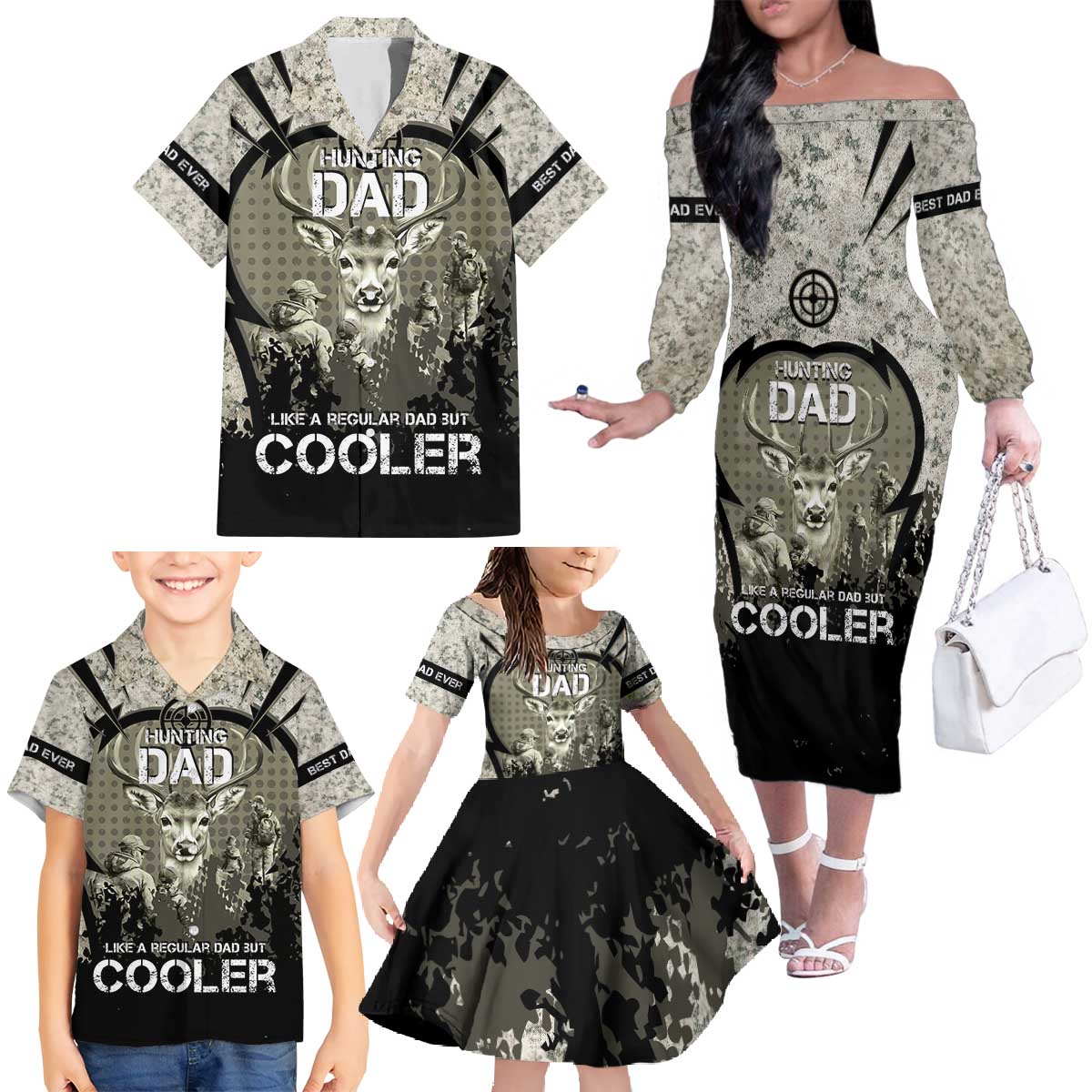 Deer Hunting Fathers Day Family Matching Off The Shoulder Long Sleeve Dress and Hawaiian Shirt Best Dad Ever