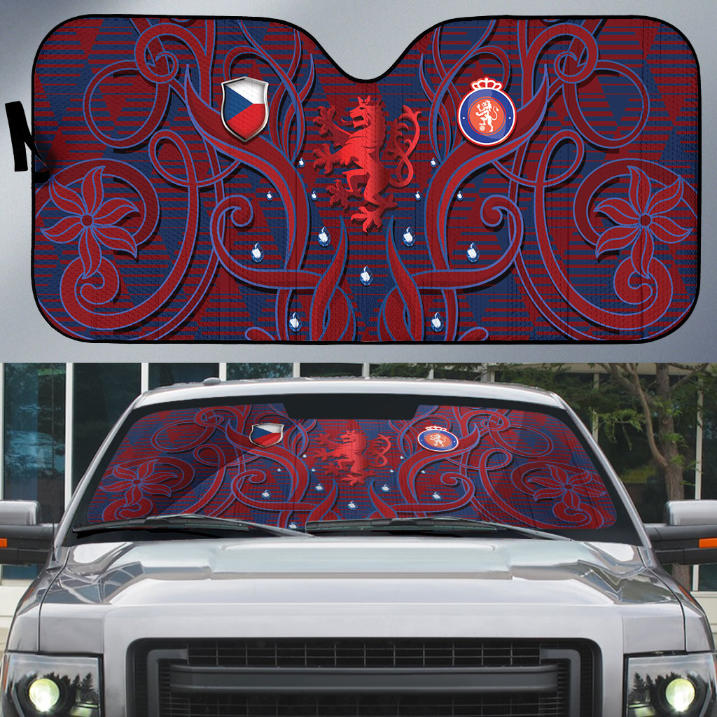 Czech Republic Football Auto Sun Shade Art Nouveau Patterns With National Lion