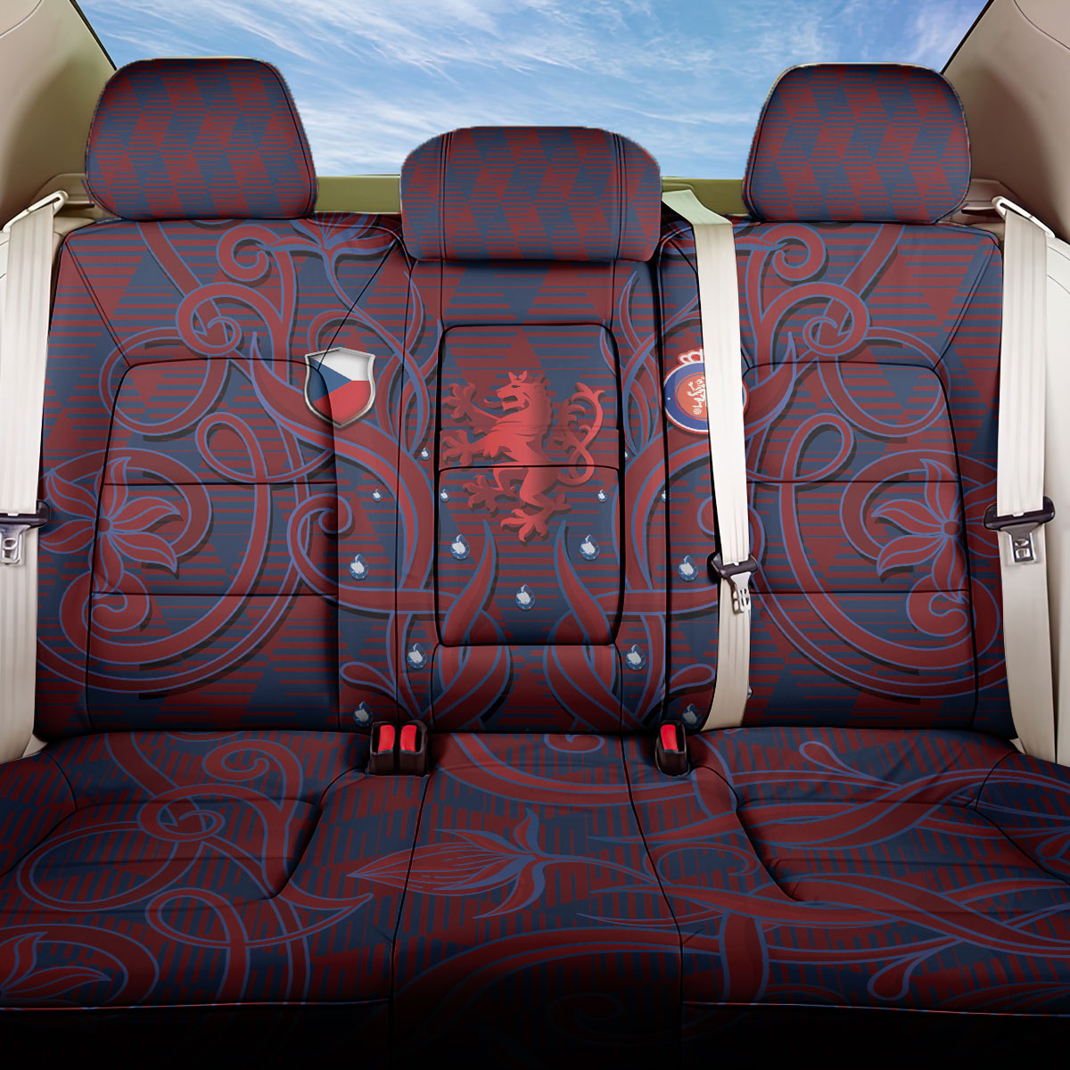 Czech Republic Football Back Car Seat Cover Art Nouveau Patterns With National Lion