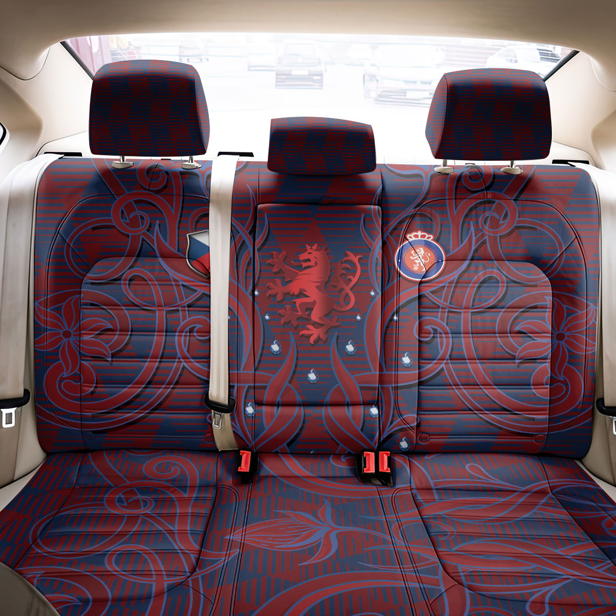 Czech Republic Football Back Car Seat Cover Art Nouveau Patterns With National Lion