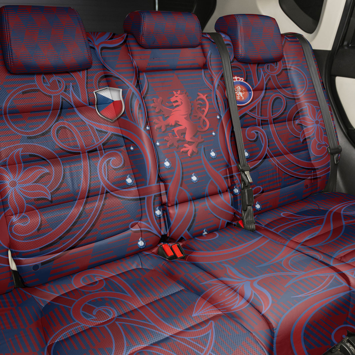 Czech Republic Football Back Car Seat Cover Art Nouveau Patterns With National Lion