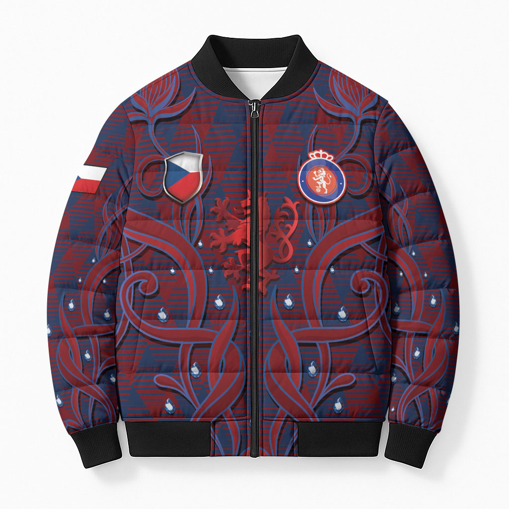 Custom Czech Republic Football Bomber Puffer Jacket Art Nouveau Patterns With National Lion