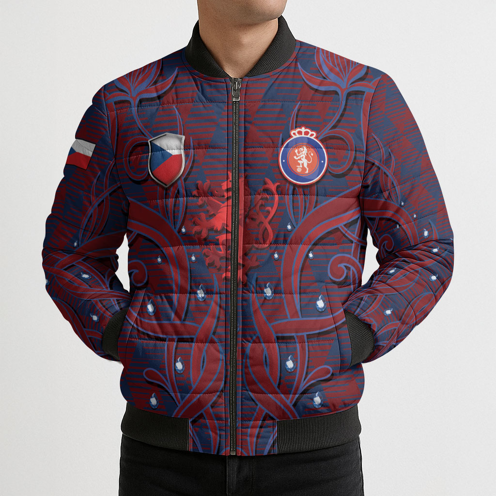 Custom Czech Republic Football Bomber Puffer Jacket Art Nouveau Patterns With National Lion