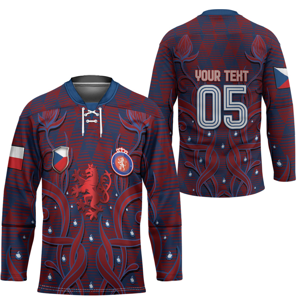 Custom Czech Republic Football Hockey Jersey Art Nouveau Patterns With National Lion