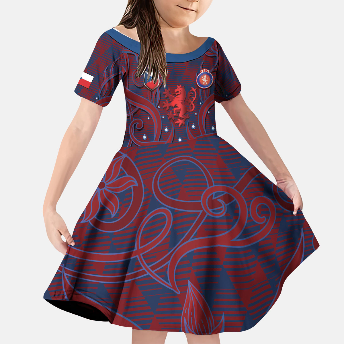 Custom Czech Republic Football Kid Short Sleeve Dress Art Nouveau Patterns With National Lion