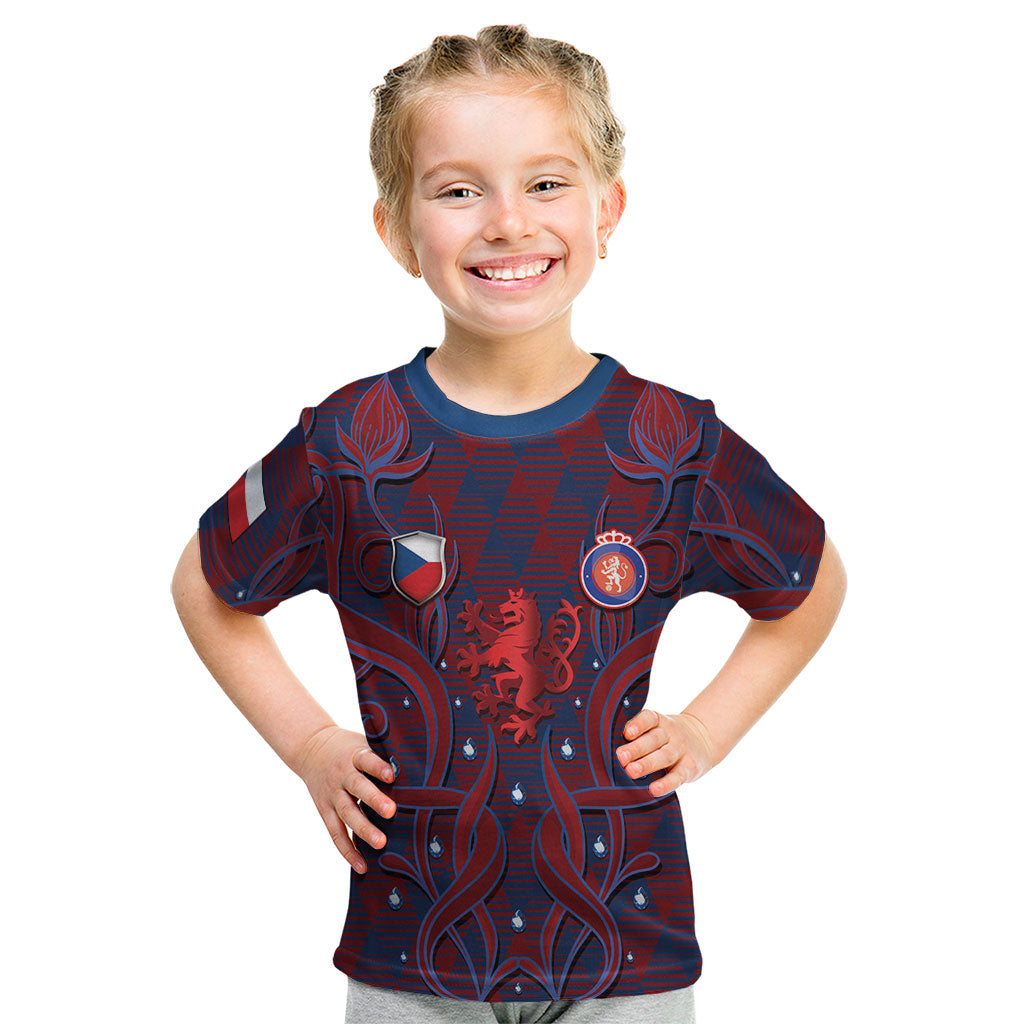 Custom Czech Republic Football Kid T Shirt Art Nouveau Patterns With National Lion