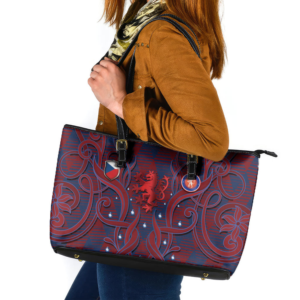 Czech Republic Football Leather Tote Bag Art Nouveau Patterns With National Lion