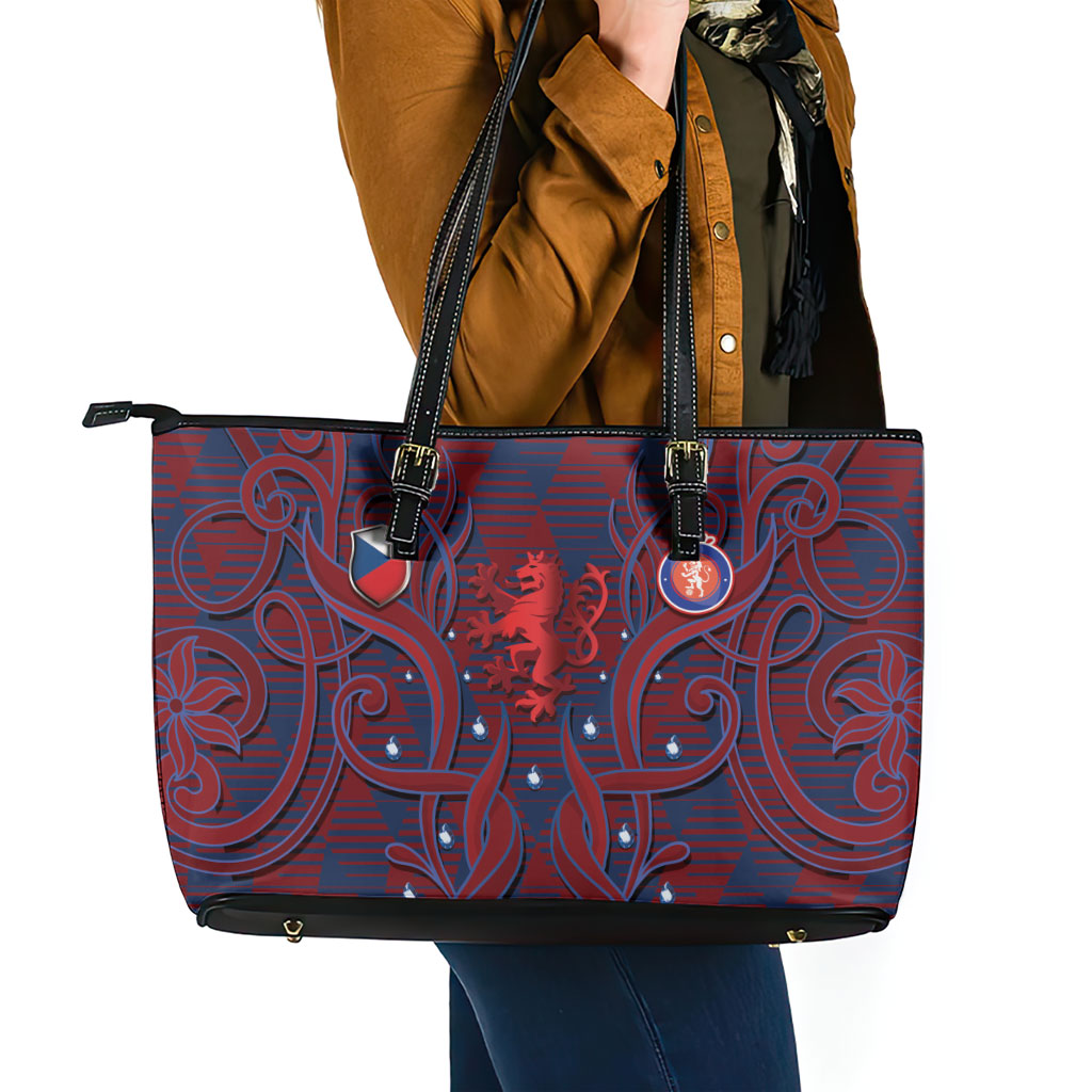 Czech Republic Football Leather Tote Bag Art Nouveau Patterns With National Lion