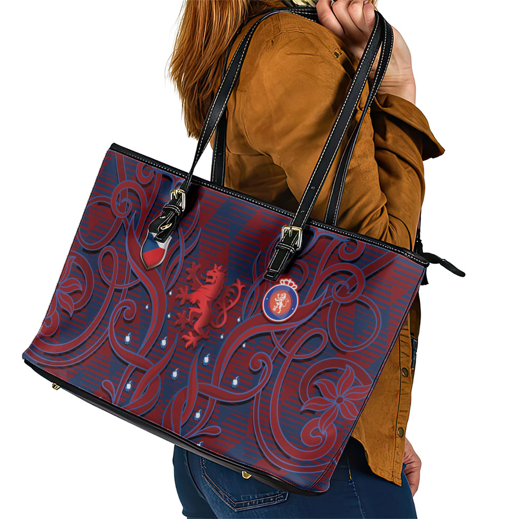 Czech Republic Football Leather Tote Bag Art Nouveau Patterns With National Lion