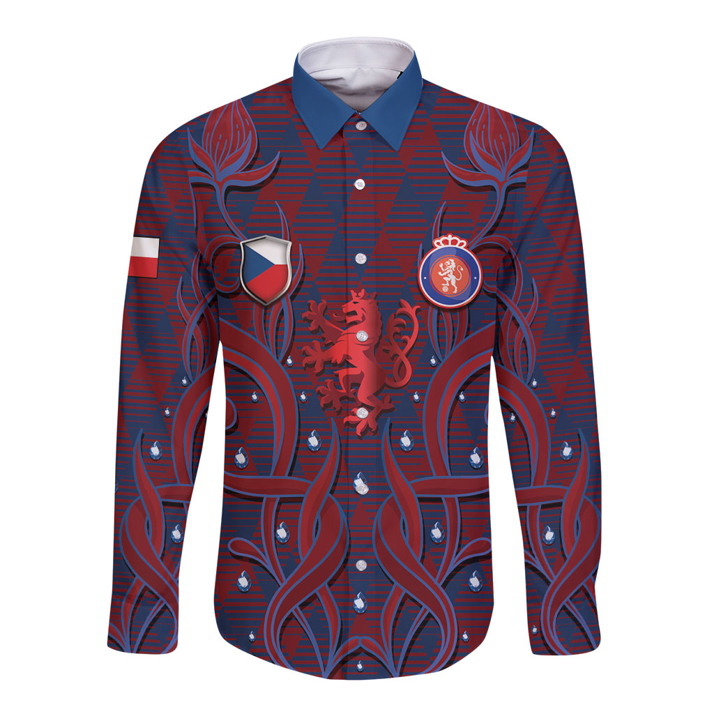 Custom Czech Republic Football Long Sleeve Button Shirt Art Nouveau Patterns With National Lion