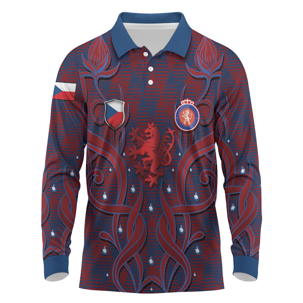 Custom Czech Republic Football Long Sleeve Polo Shirt Art Nouveau Patterns With National Lion