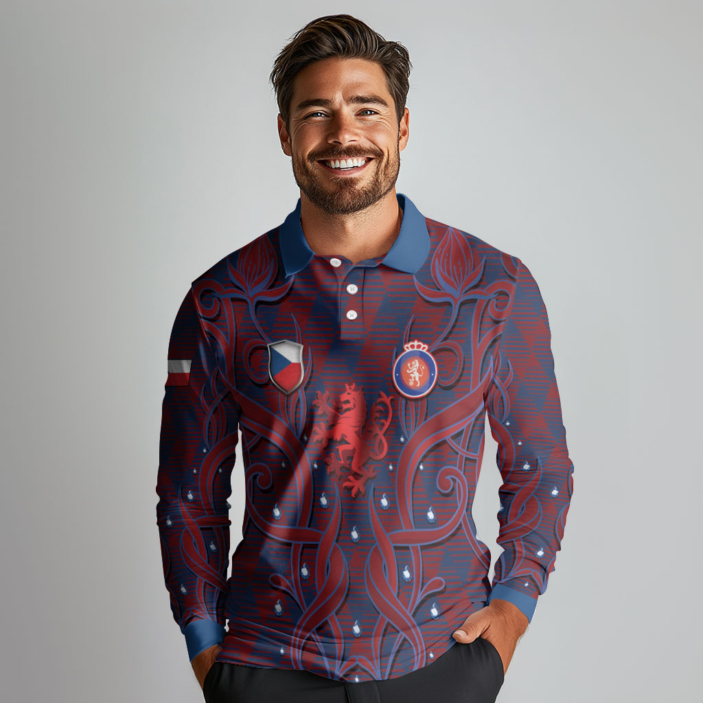 Custom Czech Republic Football Long Sleeve Polo Shirt Art Nouveau Patterns With National Lion