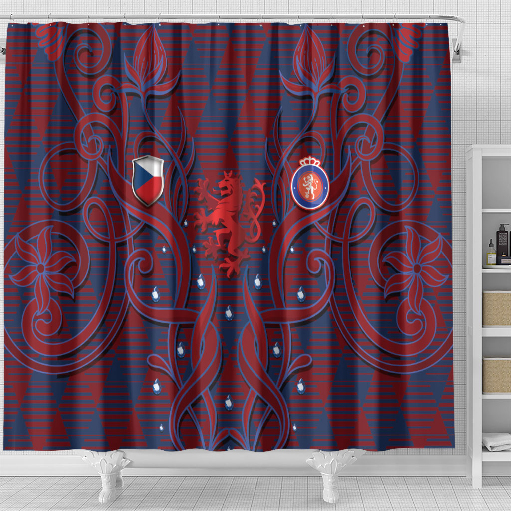 Czech Republic Football Shower Curtain Art Nouveau Patterns With National Lion