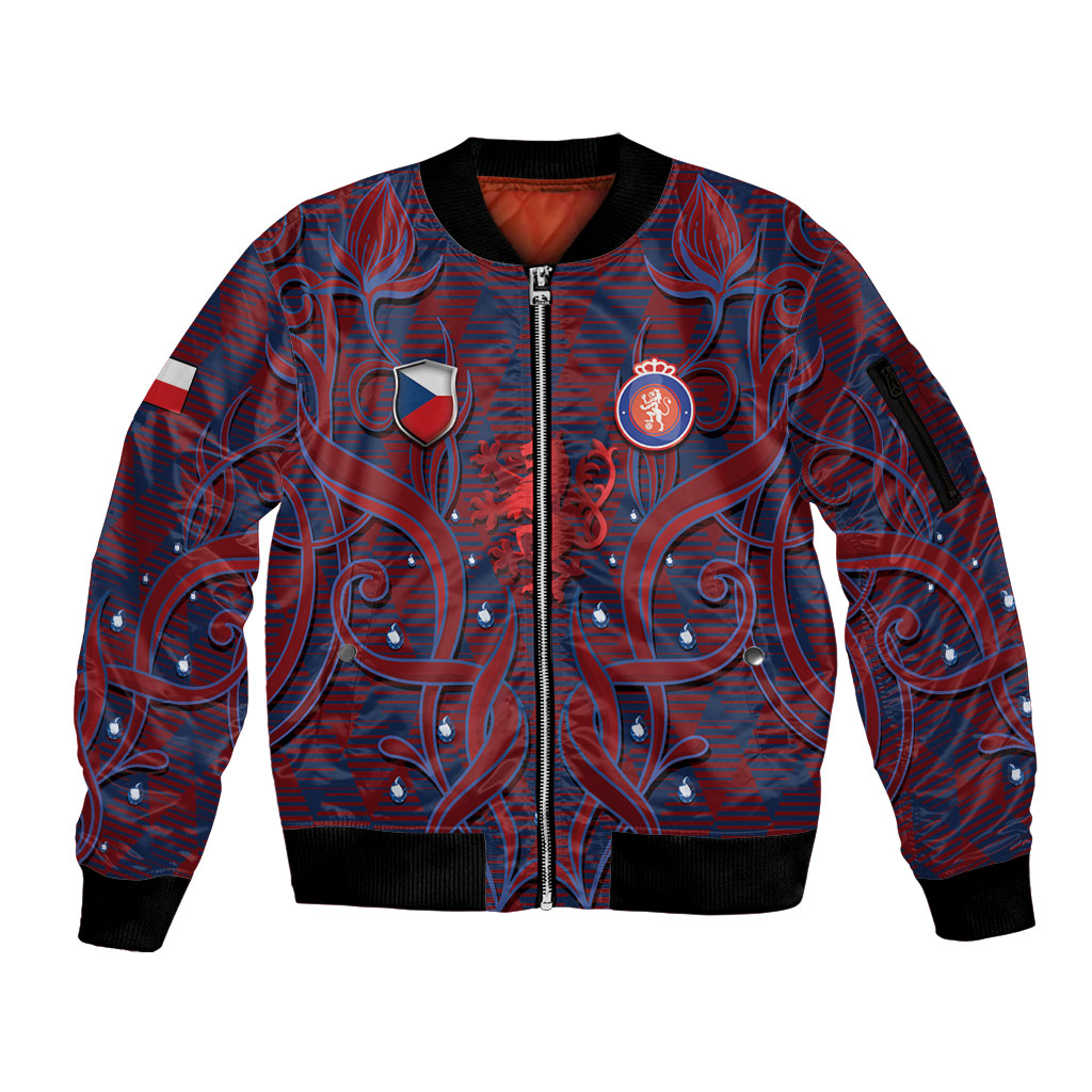 Custom Czech Republic Football Sleeve Zip Bomber Jacket Art Nouveau Patterns With National Lion