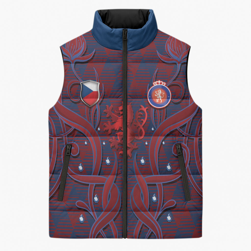 Custom Czech Republic Football Sleeveless Puffer Jacket Art Nouveau Patterns With National Lion