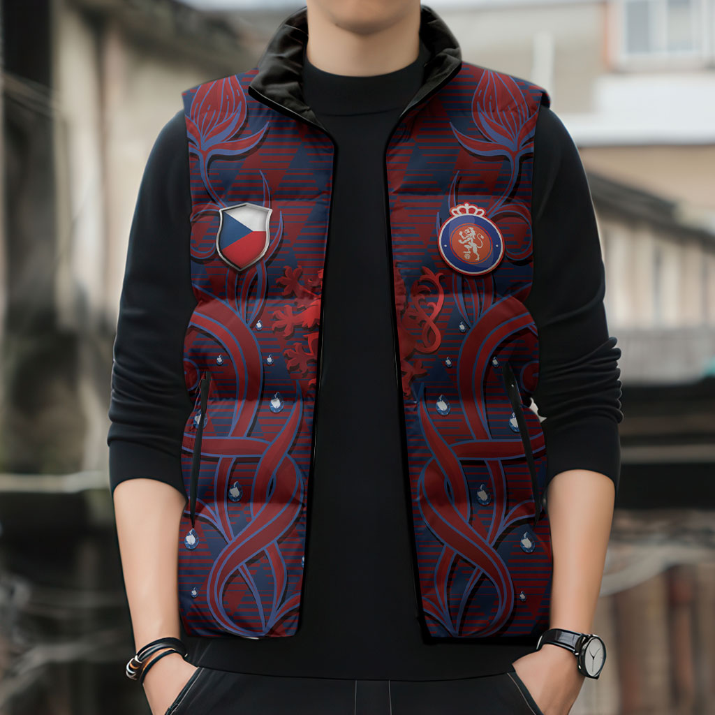 Custom Czech Republic Football Sleeveless Puffer Jacket Art Nouveau Patterns With National Lion