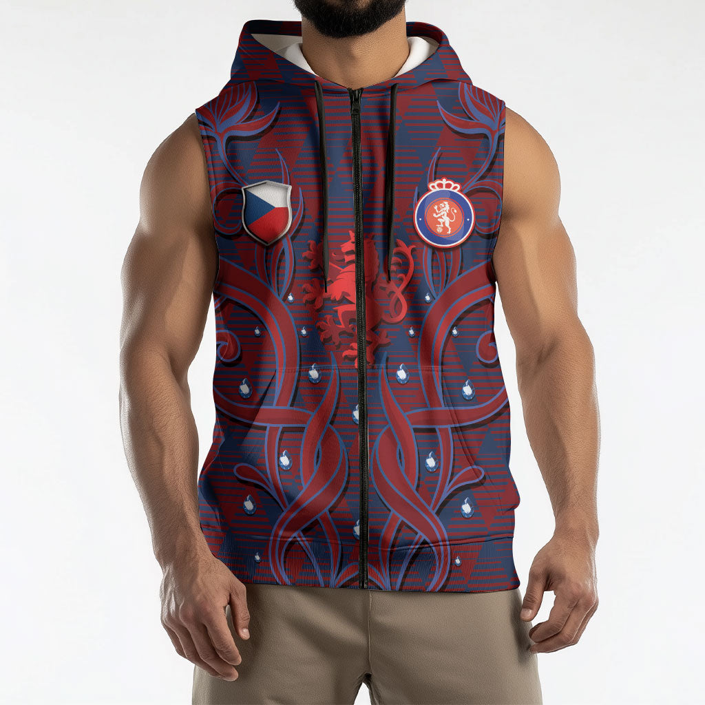 Custom Czech Republic Football Sleeveless Zip Hoodie Art Nouveau Patterns With National Lion