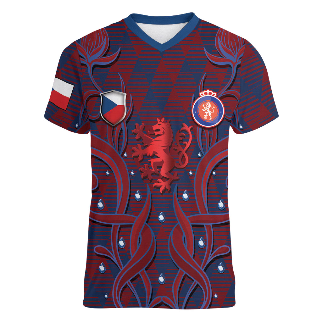 Custom Czech Republic Football Women V-Neck T-Shirt Art Nouveau Patterns With National Lion