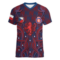 Custom Czech Republic Football Women V-Neck T-Shirt Art Nouveau Patterns With National Lion