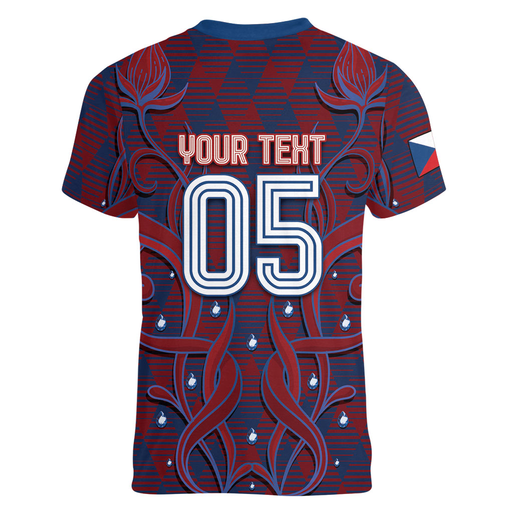 Custom Czech Republic Football Women V-Neck T-Shirt Art Nouveau Patterns With National Lion