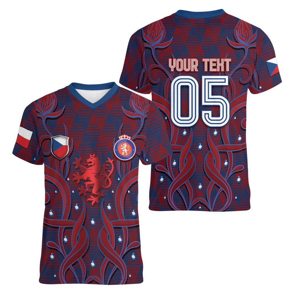 Custom Czech Republic Football Women V-Neck T-Shirt Art Nouveau Patterns With National Lion